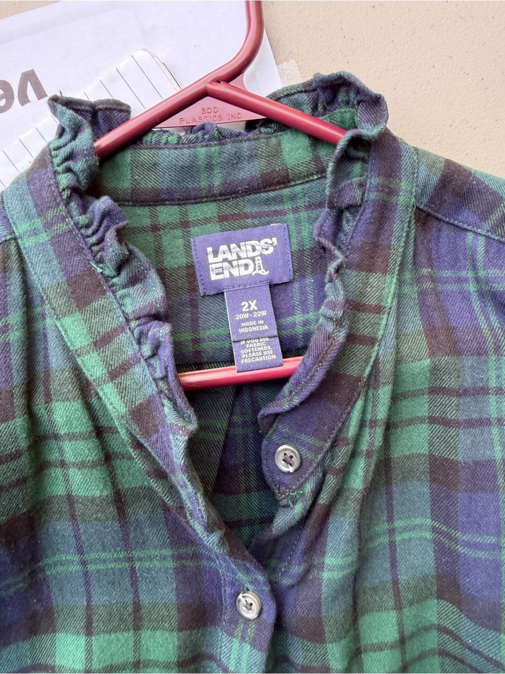 Lands' End Blue and Green Plaid Ruffle Collar Flannel Shirt